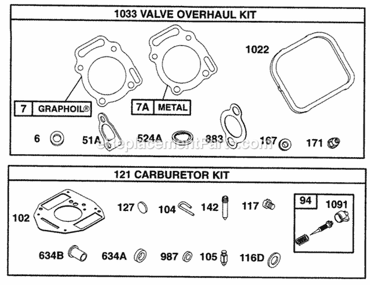 Valve Kit Carb Kits Diagram and Parts List for 290447-0041-01  Briggs and Stratton Engine